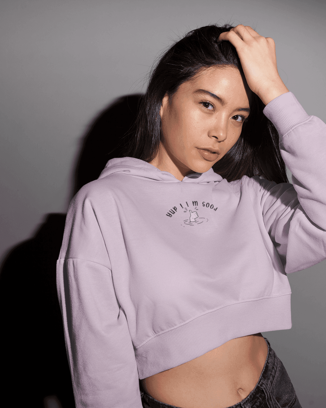 Women's Lavender Cropped Hoodie with "Yup I'm Good" Graphic Print