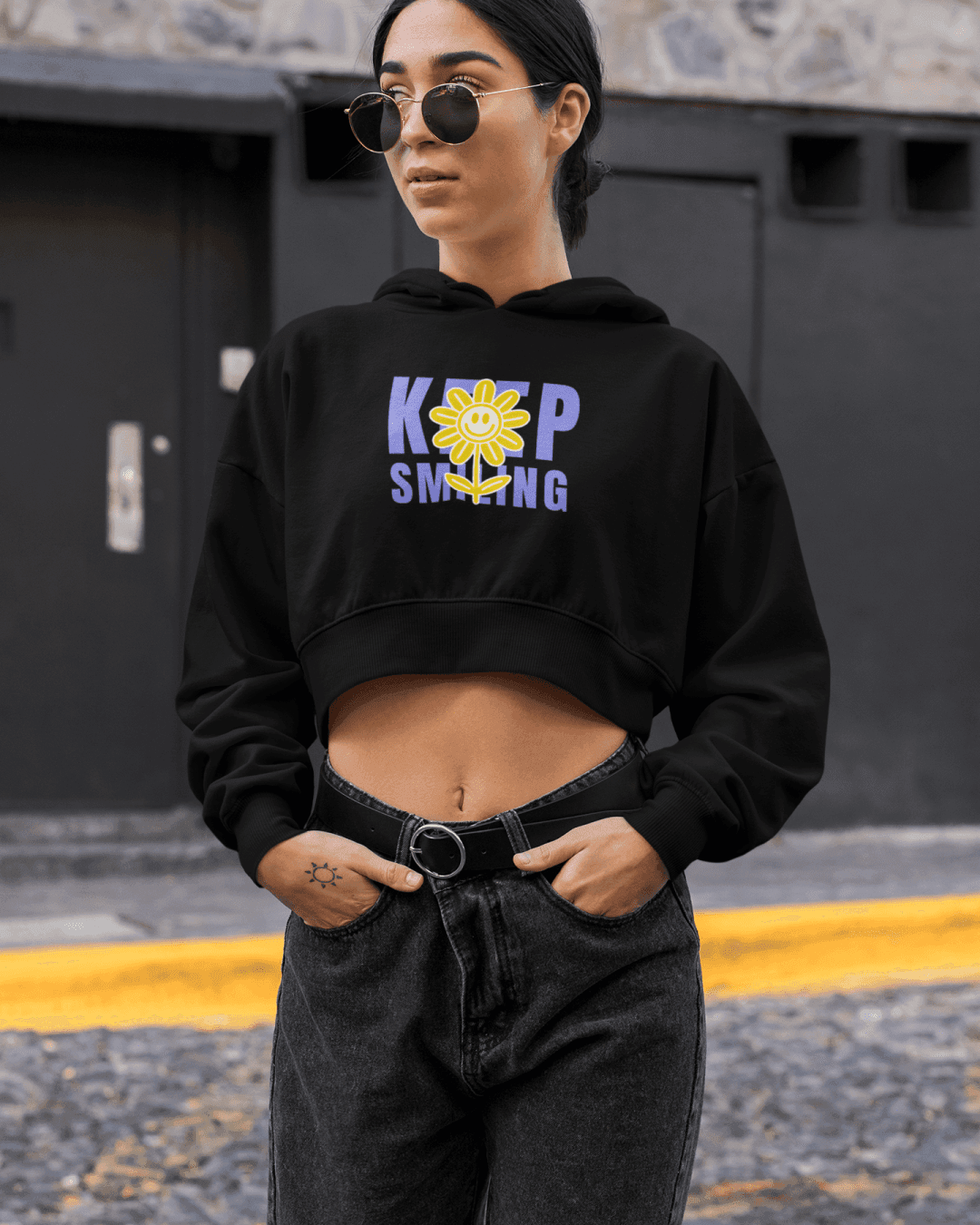 Women's Black Cropped Hoodie with "Keep Smiling" Graphic Print