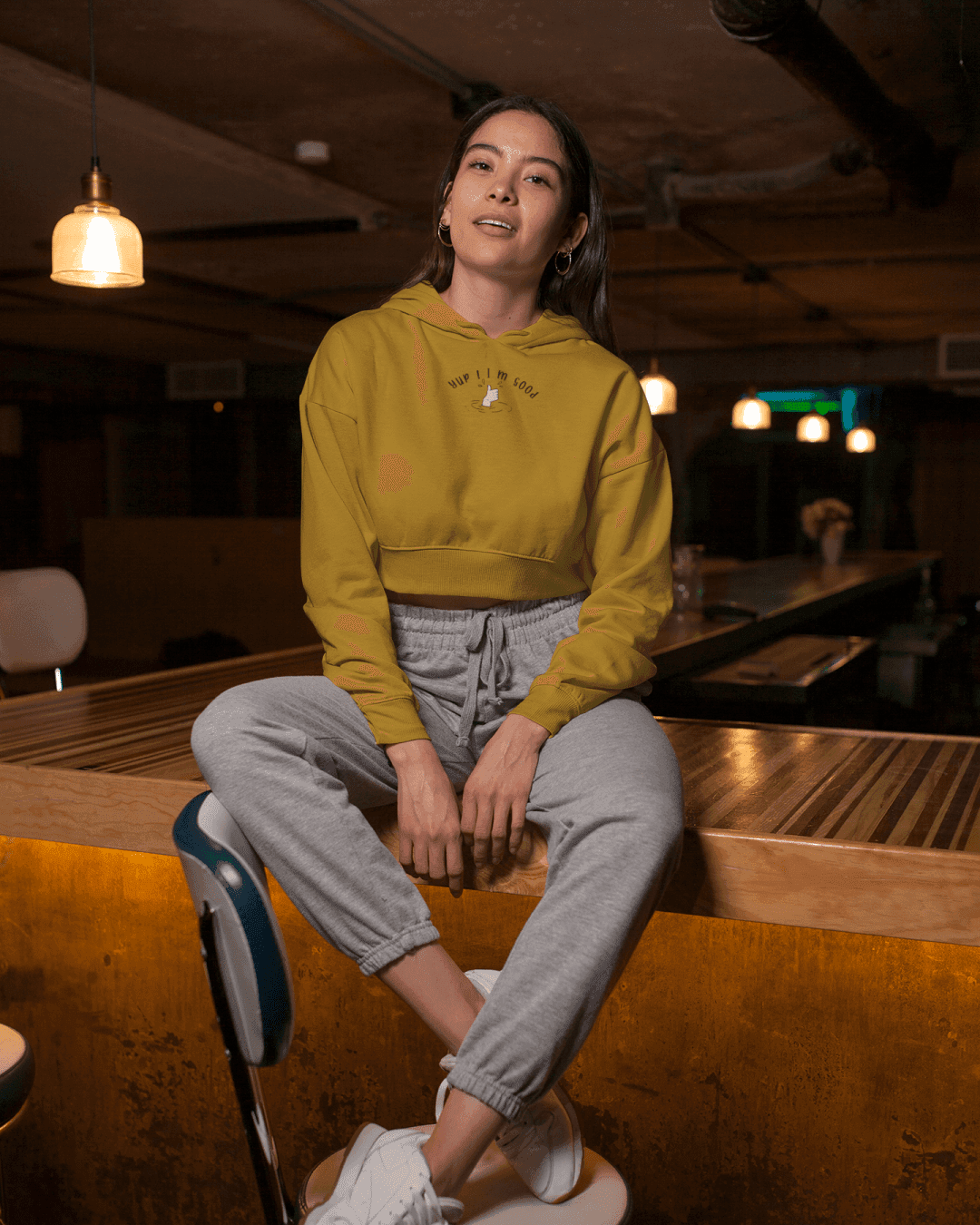 Women's Mustard yellow Cropped Hoodie with "Yup I'm Good" Graphic Print