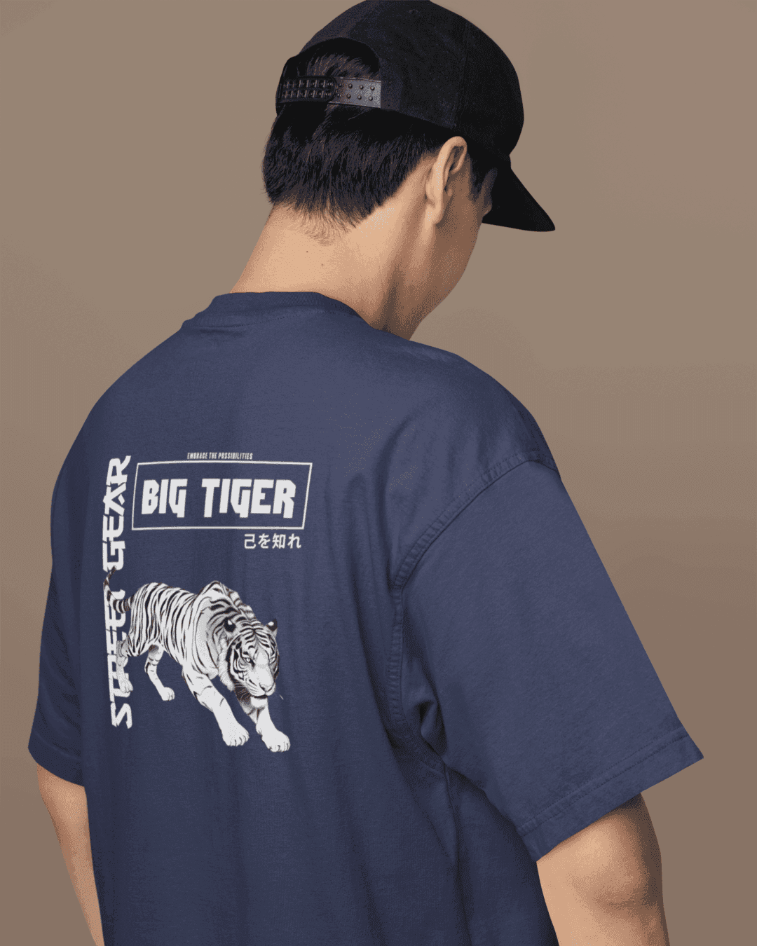 Unisex Navy Blue Oversized Cotton T-Shirt – "Big Tiger" 
